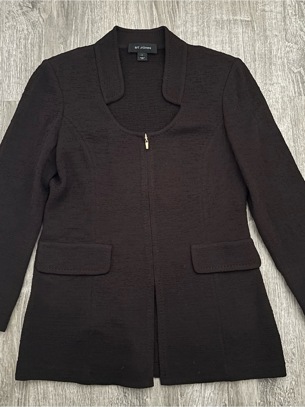 St. John Collection Brown Zip-Front Portrait Neck Knit Blazer Jacket SP10 GRP2